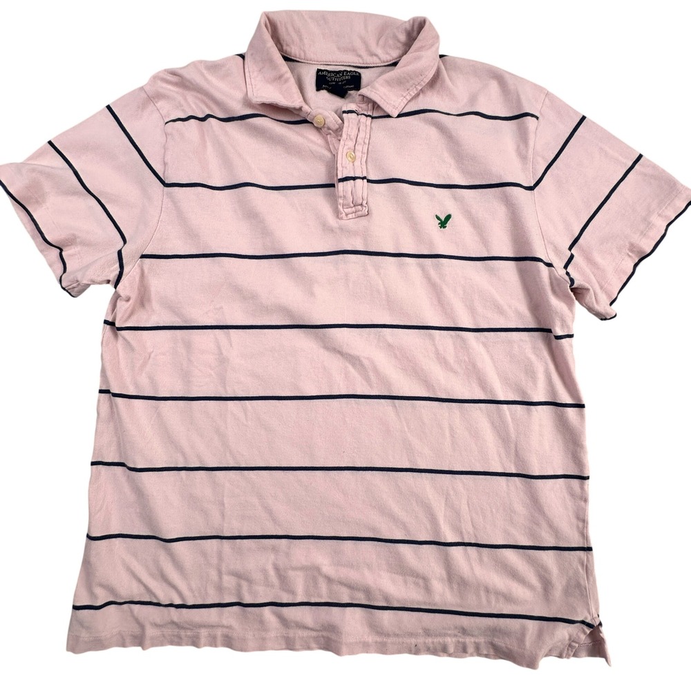 American Eagle Outfitters Mens Pink Navy Striped Polo Shirt Size Large Cotton